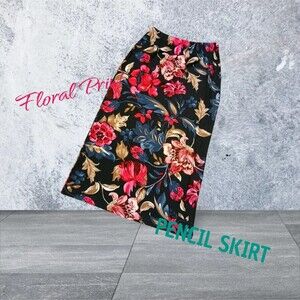 Women's Floral Print Pencil Skirt Black Red Blue Stretch Elastic Waist Midi S